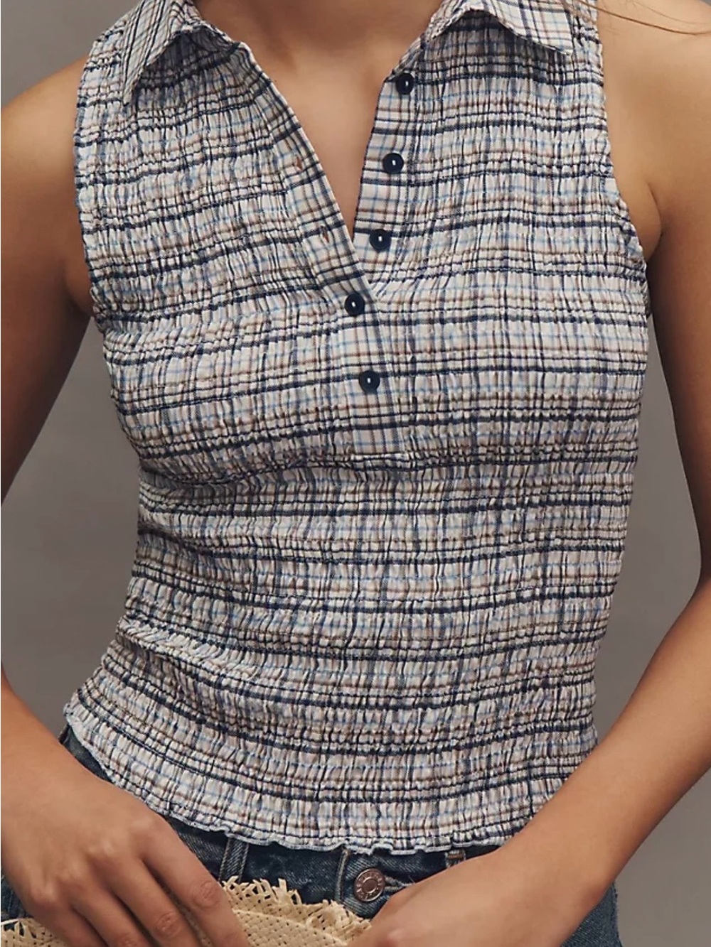 Pilcro Anthropologie M Plaid Smocked Sleeveless Button Top